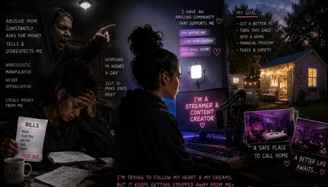 Graphic contrasting a streamer's financial and family struggles with community support and goals for a safe home.