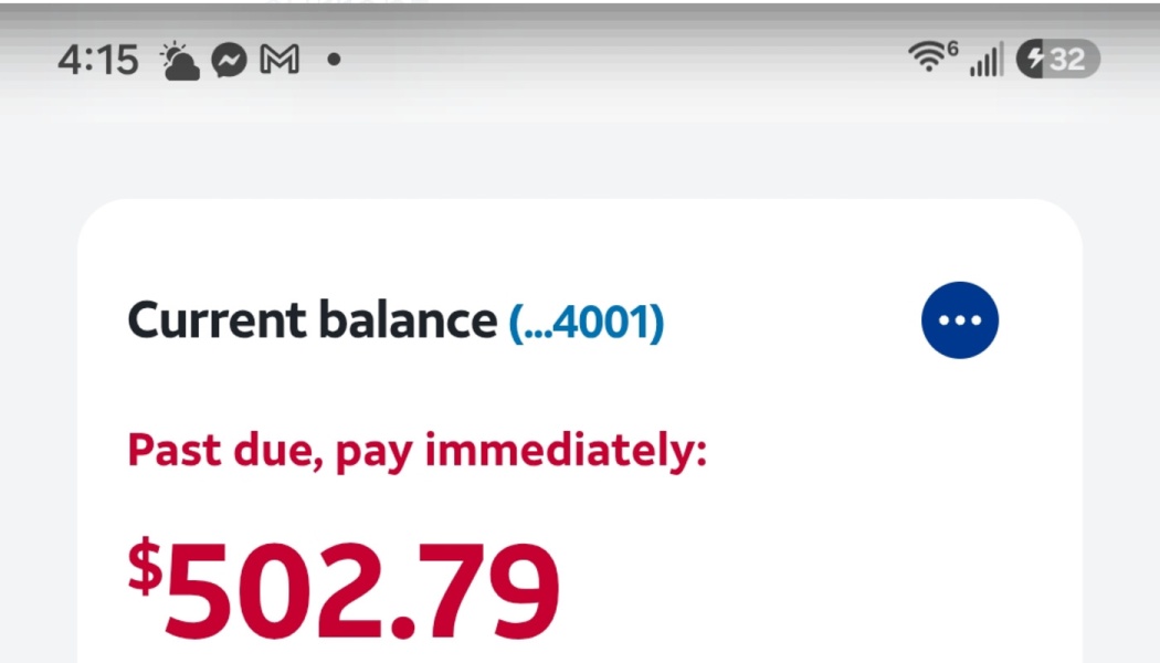 Billing screen displaying "Past due, pay immediately: $502.79" in large red text.