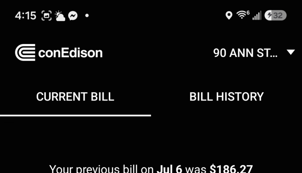 ConEdison account screen for 90 Ann St showing a previous bill of $186.27 on July 6.