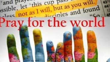 Highlighted Bible verse above red text reading "Pray for the world" and fingers painted like a world map.