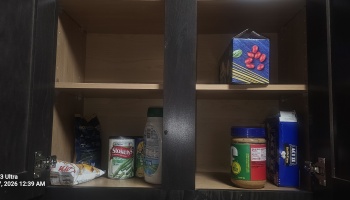 Mostly empty kitchen cabinet holding just a few canned goods, a box of pasta, and a jar of peanut butter.
