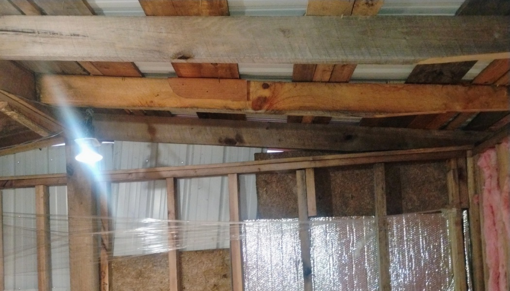 Exposed wooden roof rafters and wall framing in an unfinished building, illuminated by a hanging light bulb.