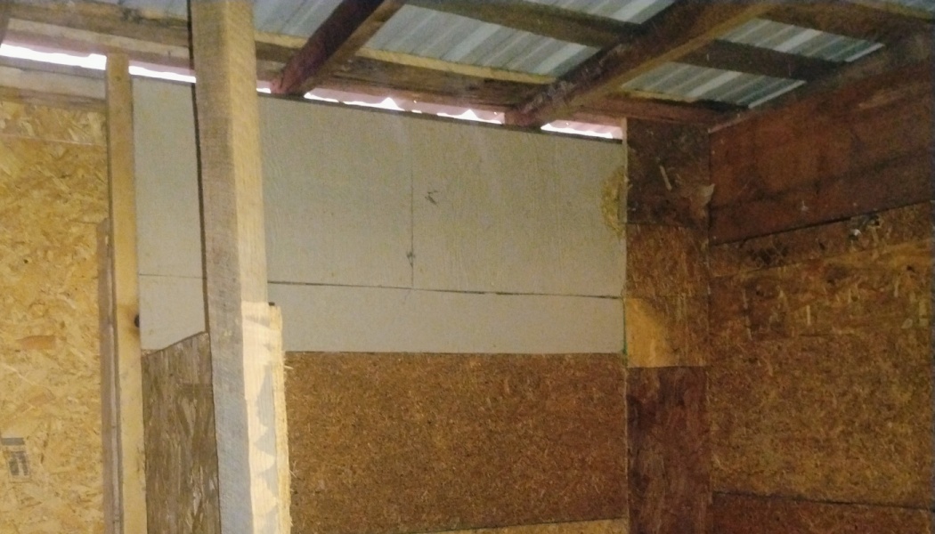 Rough, unfinished interior of a building with OSB and plywood walls under exposed wooden roof rafters.