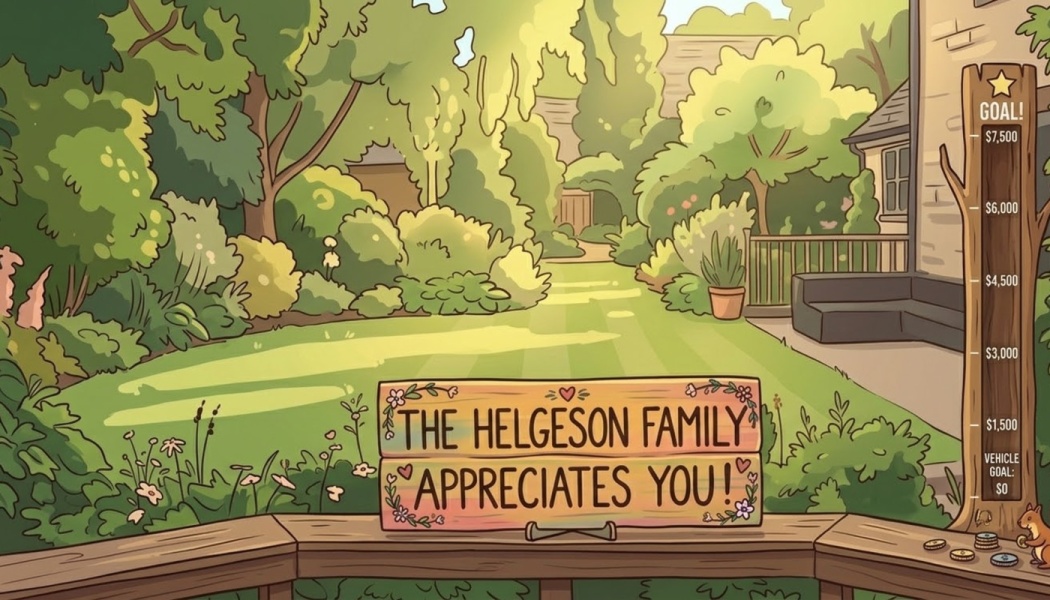 Illustrated garden with a sign reading "The Helgeson Family Appreciates You!" and a $7,500 goal tracker.