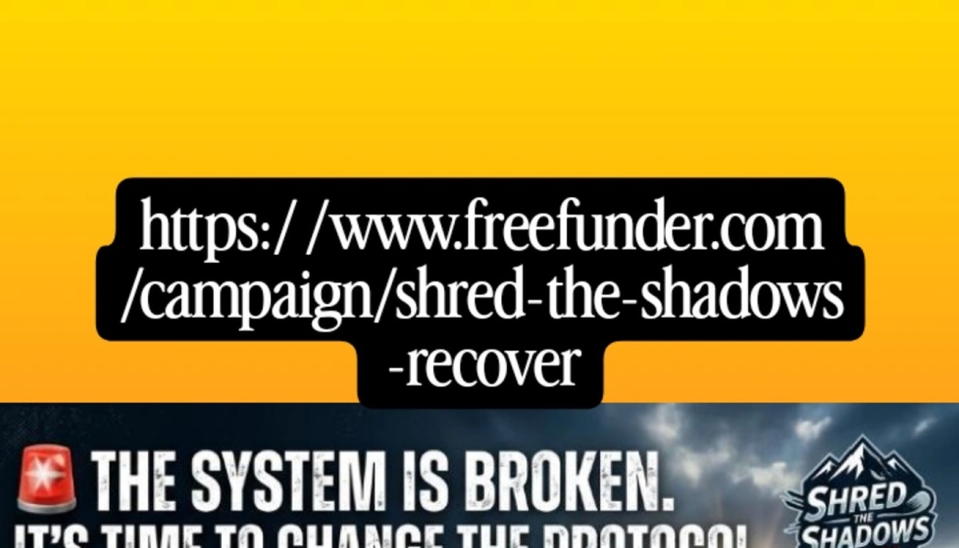 Text graphic with FreeFunder link above a banner reading 'THE SYSTEM IS BROKEN' and a Shred the Shadows logo.