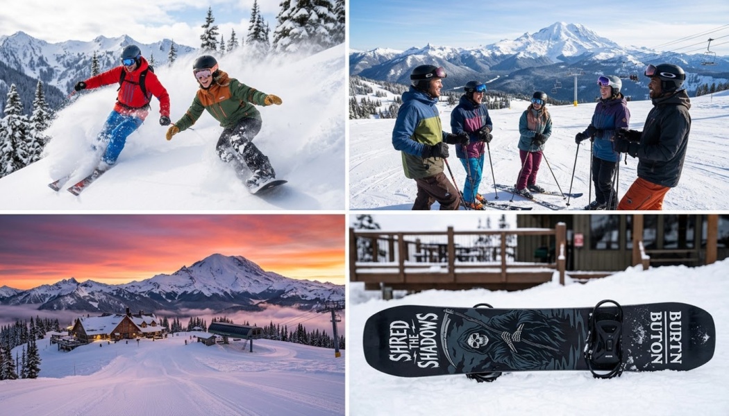 Collage of skiers carving powder, friends at a ski resort, a lodge at sunset, and a snowboard resting in snow.