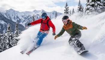 A smiling skier and snowboarder carve through fresh powder down a snow-covered mountain slope.