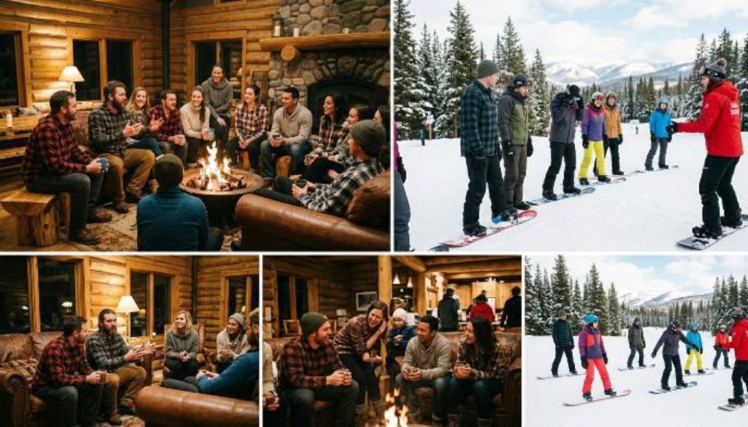 Collage of a group enjoying a cozy cabin fireplace and outdoor snowboarding lessons on snowy slopes.