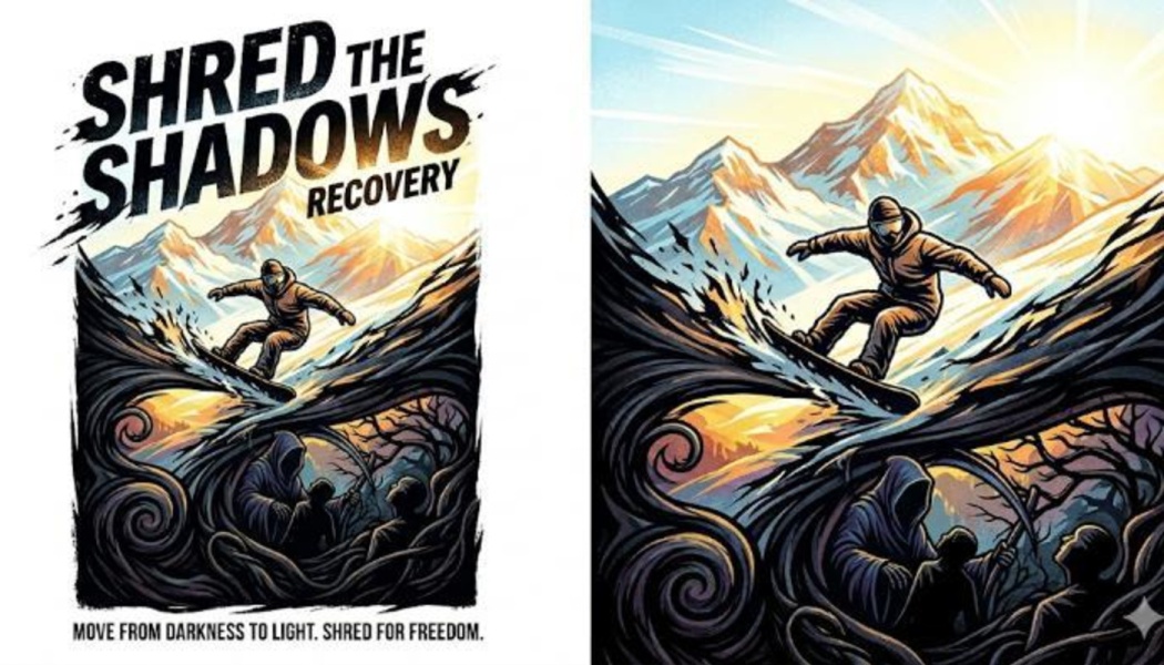 Poster artwork of a snowboarder riding out of dark shadows into bright mountains, titled "Shred the Shadows Recovery".