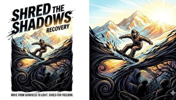 Poster artwork of a snowboarder riding out of dark shadows into bright mountains, titled "Shred the Shadows Recovery".