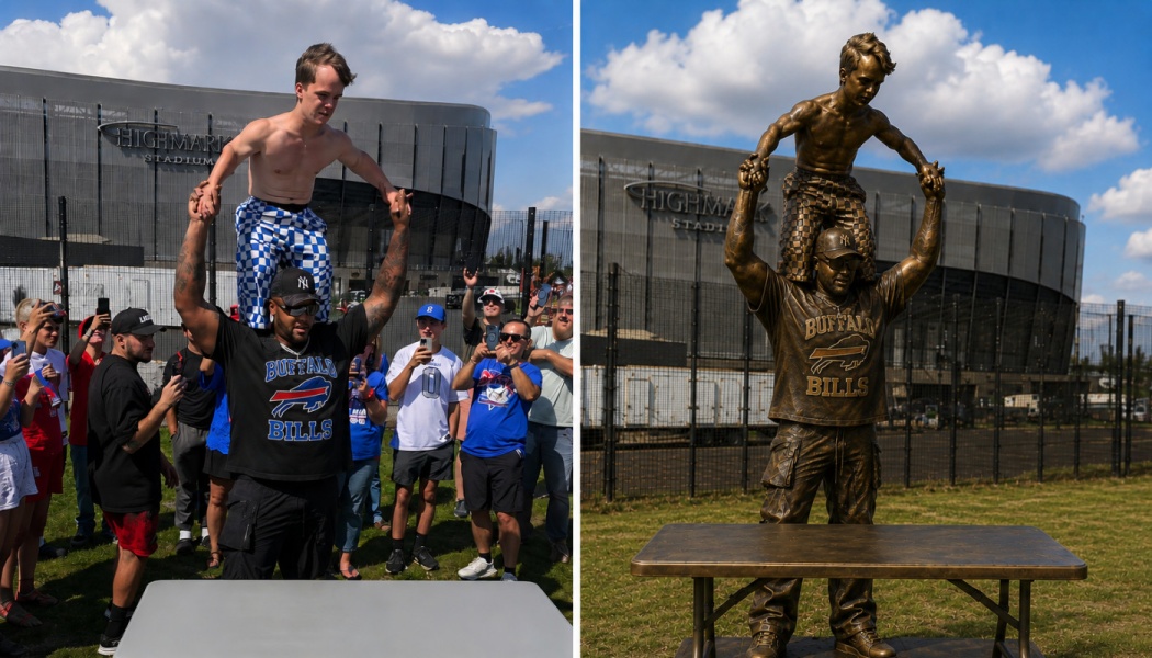 Side-by-side of a Buffalo Bills fan carrying another on his shoulders and a bronze statue recreating the pose.