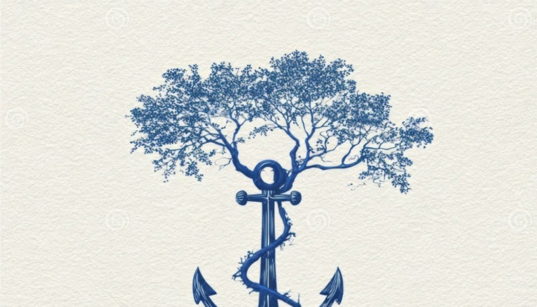 Blue illustration of a leafy tree intertwined with a nautical anchor on textured cream paper.
