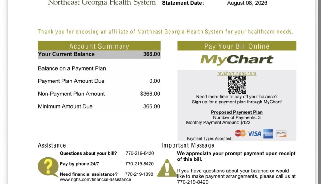 Northeast Georgia Health System medical bill statement showing a current balance due of $366.00.