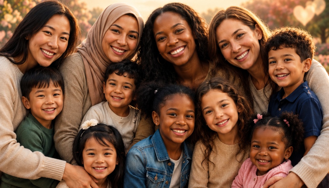 A diverse group of smiling women and young children gathered closely together outdoors.