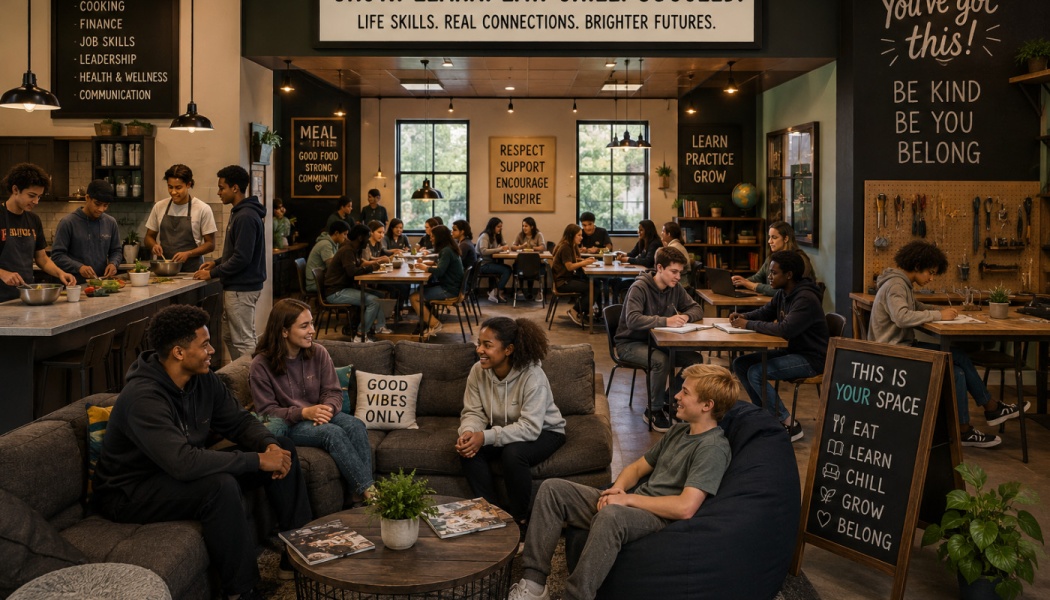 Diverse teens cooking, studying, and lounging together in a warm, welcoming youth community center.