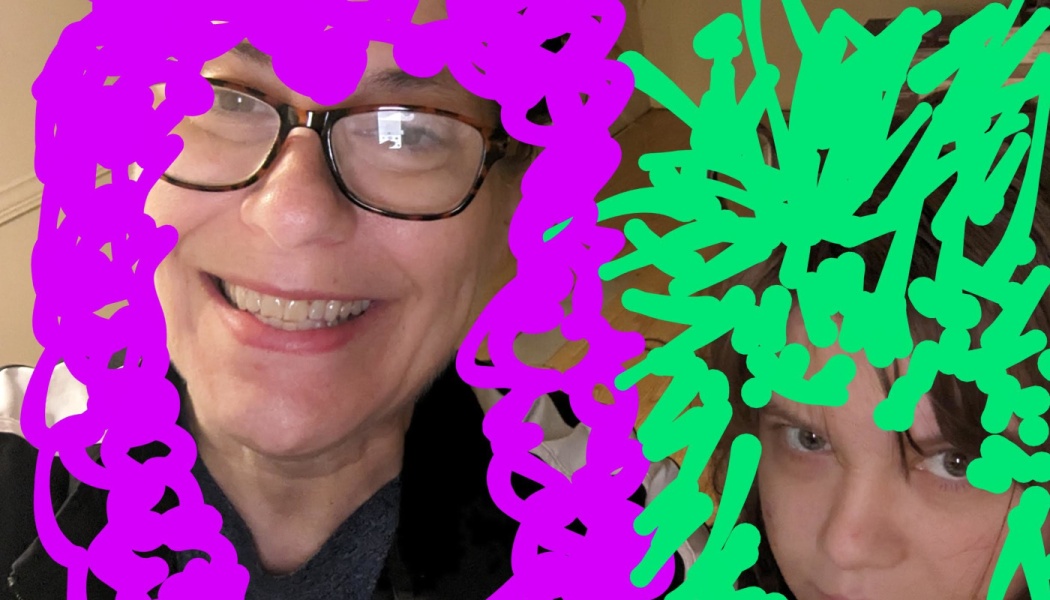 A smiling woman with glasses sits beside a child, framed by bright purple and green digital scribbles.