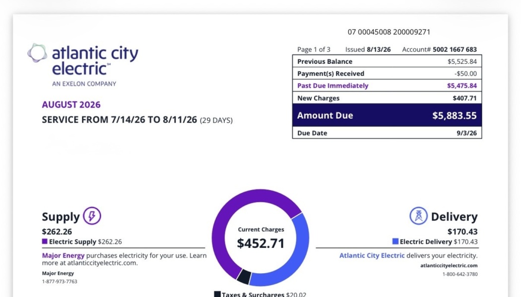 Atlantic City Electric bill showing $5,475.84 past due and total amount due of $5,883.55.