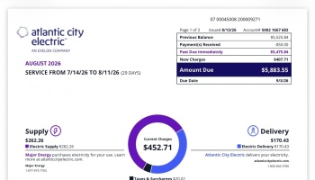 Atlantic City Electric bill showing $5,475.84 past due and total amount due of $5,883.55.