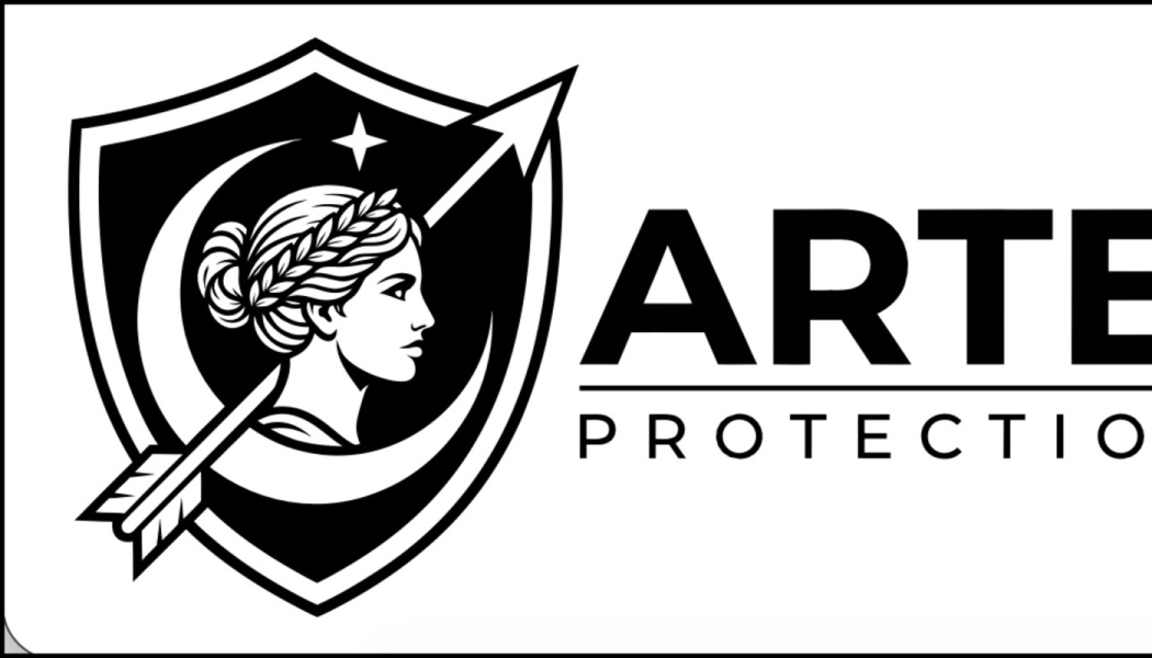 Black and white logo with a shield featuring a woman's profile, crescent moon, arrow, and the text Artemis Protection.
