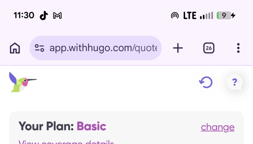 Mobile website screen showing a hummingbird logo and text reading "Your Plan: Basic".