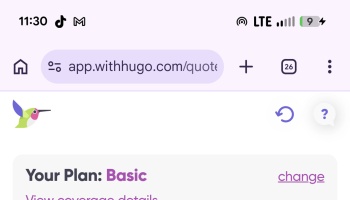 Mobile website screen showing a hummingbird logo and text reading "Your Plan: Basic".