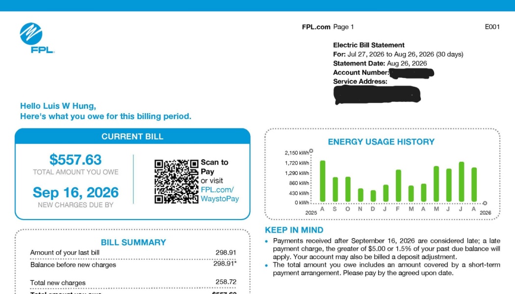 FPL electric bill statement showing a total amount owed of $557.63 due September 16, 2026, for Luis W Hung.