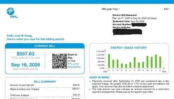 FPL electric bill statement showing a total amount owed of $557.63 due September 16, 2026, for Luis W Hung.