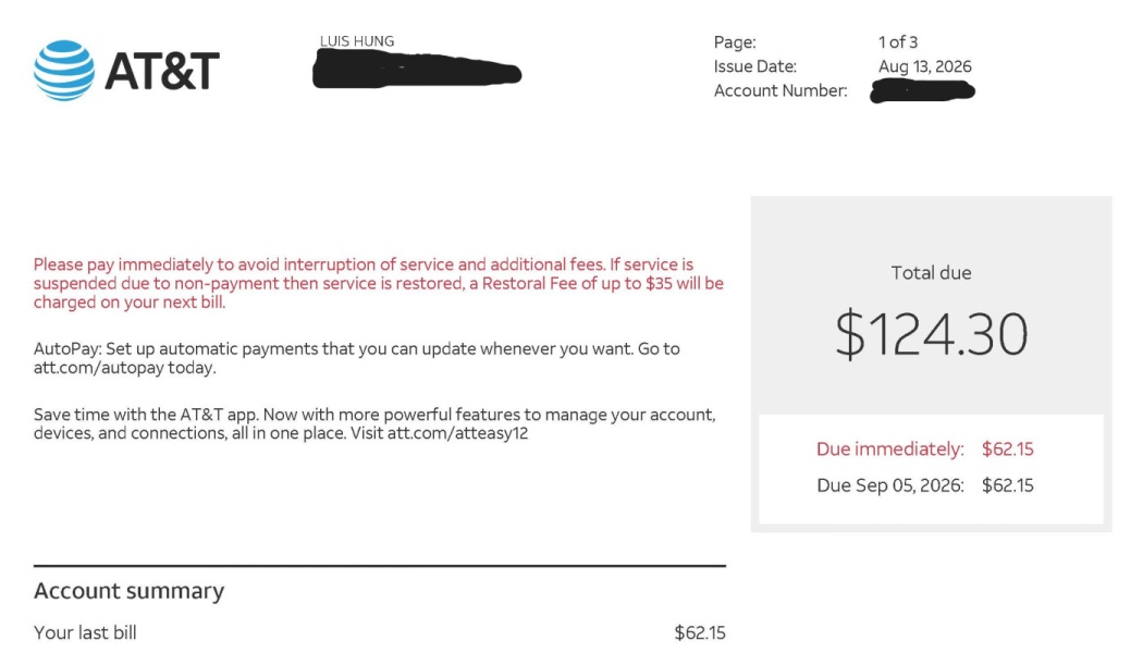 AT&T bill statement showing a total balance of $124.30, with $62.15 due immediately to prevent suspension.