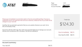 AT&T bill statement showing a total balance of $124.30, with $62.15 due immediately to prevent suspension.
