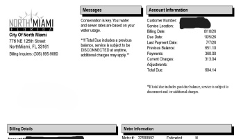 City of North Miami utility bill showing a total due of $604.14 and a disconnection warning.