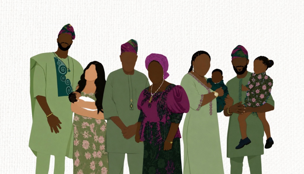 Faceless digital illustration of a multi-generational family wearing sage green and purple traditional Nigerian attire.