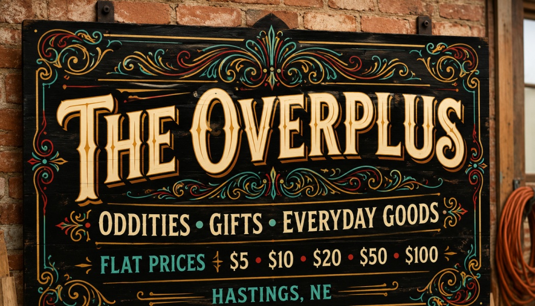 Ornate vintage wooden sign reading "The Overplus: Oddities, Gifts, Everyday Goods" in Hastings, NE.
