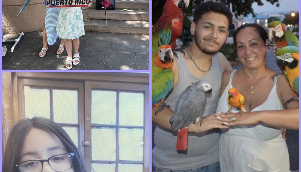Collage featuring a smiling couple posing with colorful parrots, along with family travel snapshots.