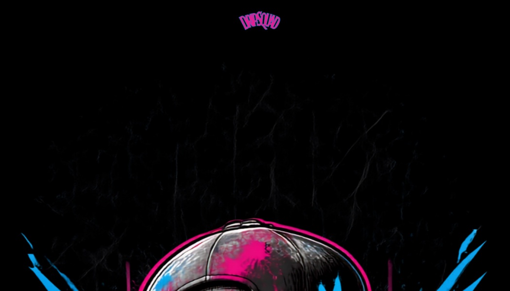 Pink neon DRIPSQUAD logo above a dark graphic of a baseball cap with vibrant pink and blue accents.