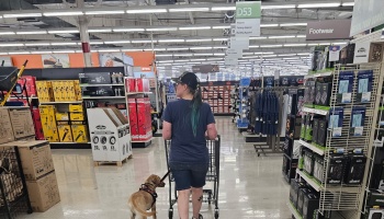 A woman pushes a shopping cart while walking her dog on a leash down a hardware store aisle.