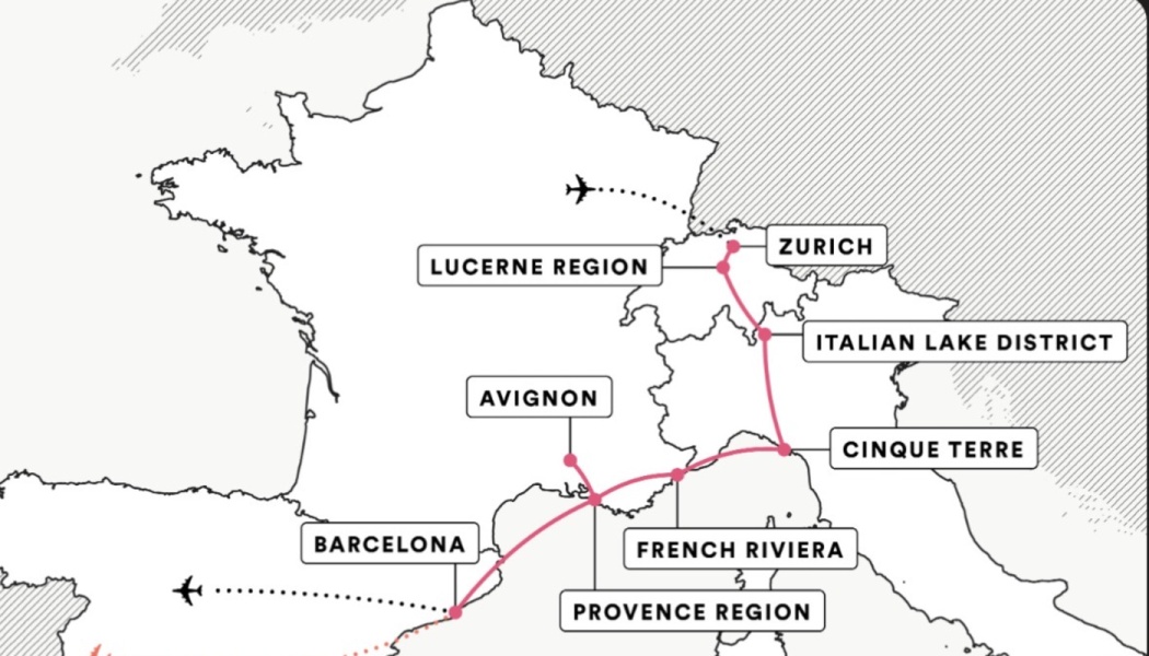 Travel route map connecting Zurich to Barcelona via Lucerne, Italian Lakes, Cinque Terre, and French Riviera.