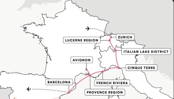 Travel route map connecting Zurich to Barcelona via Lucerne, Italian Lakes, Cinque Terre, and French Riviera.