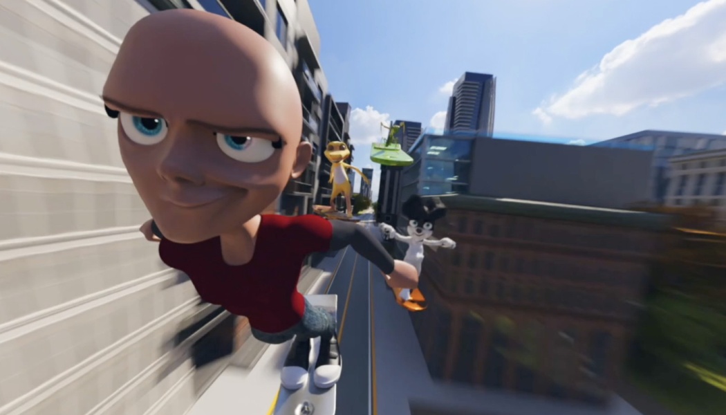 A bald 3D character and cartoon companions ride hoverboards down a city street flanked by skyscrapers.