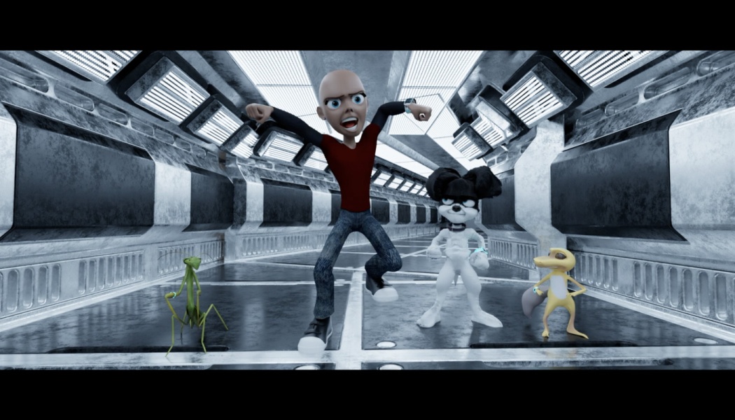3D animated bald boy and his creature sidekicks striking action poses in a futuristic spaceship corridor.