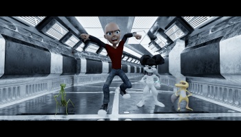 3D animated bald boy and his creature sidekicks striking action poses in a futuristic spaceship corridor.
