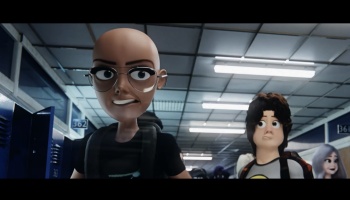 Animated bald student in glasses looks determined in a school hallway while a classmate looks uncertain.