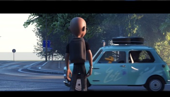 3D animated character with a backpack standing by a road as a small blue vintage car drives past.
