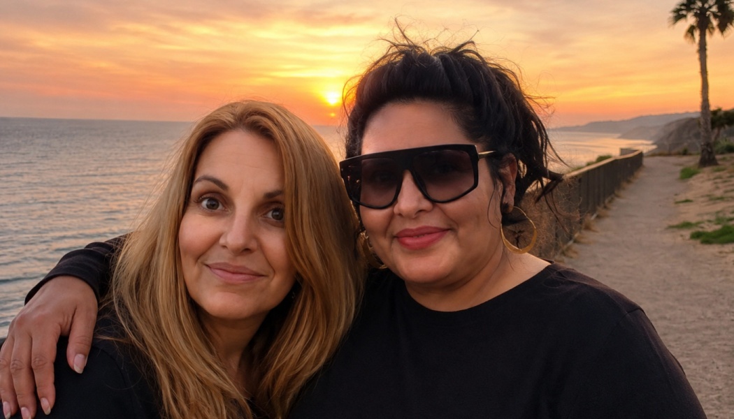 Two women smiling together on a coastal path during a golden sunset over the ocean.