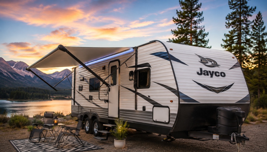 A Jayco travel trailer parked at a mountain lake campsite at sunset with an extended awning and patio seating.