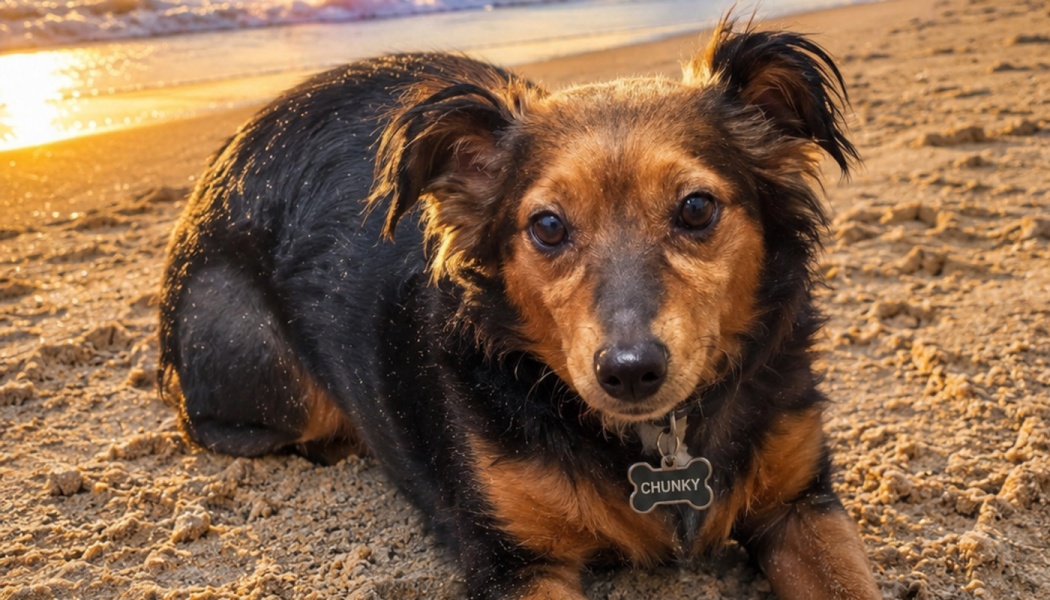 A small black and tan dog with a bone-shaped "CHUNKY" tag lies on a sandy beach at sunset.