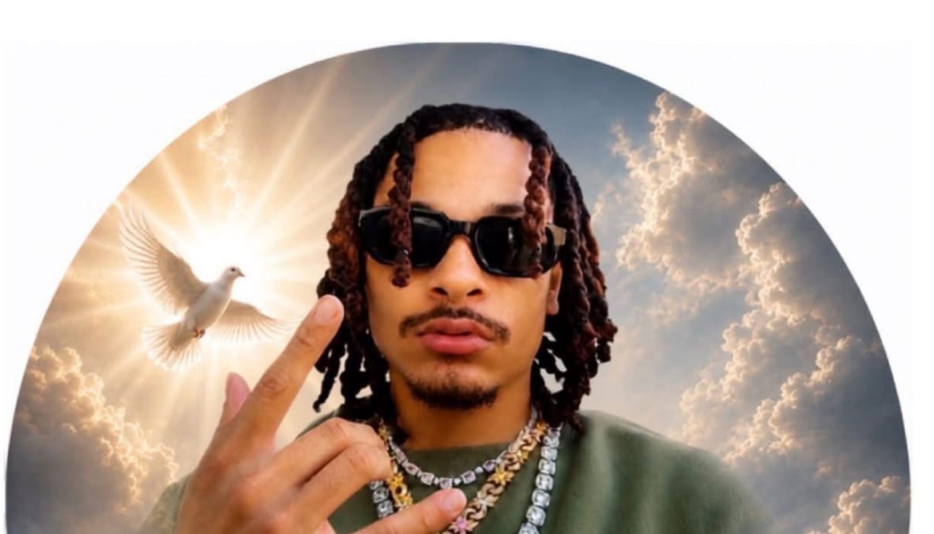 Young man with dreadlocks and sunglasses set against a heavenly background of clouds and a flying white dove.