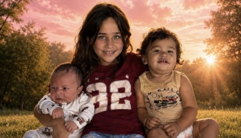 A smiling young girl sitting outdoors at sunset, holding a newborn baby beside a toddler.