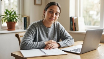 A young woman in a grey sweater sitting at a wooden desk with a notebook and laptop, looking at the camera.