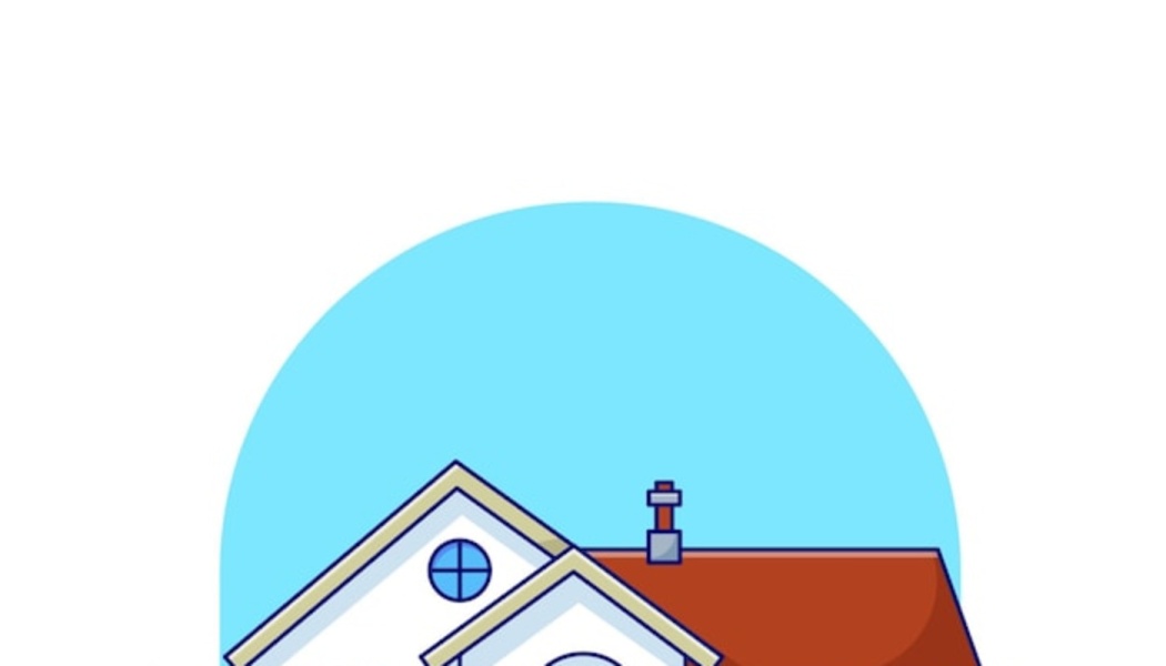 Vector illustration of a suburban house roof with gables, a chimney, and a circular blue sky background.