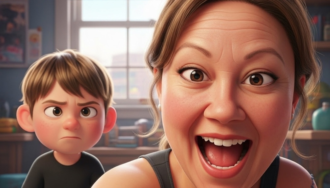 3D animated woman smiling excitedly at the camera while a grumpy young boy frowns in the background.